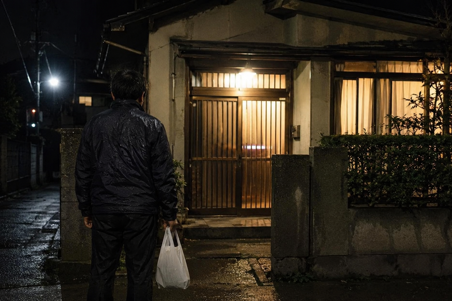 夜の実家の前で人生をやり直そうと決意する50歳派遣社員こうじの後ろ姿