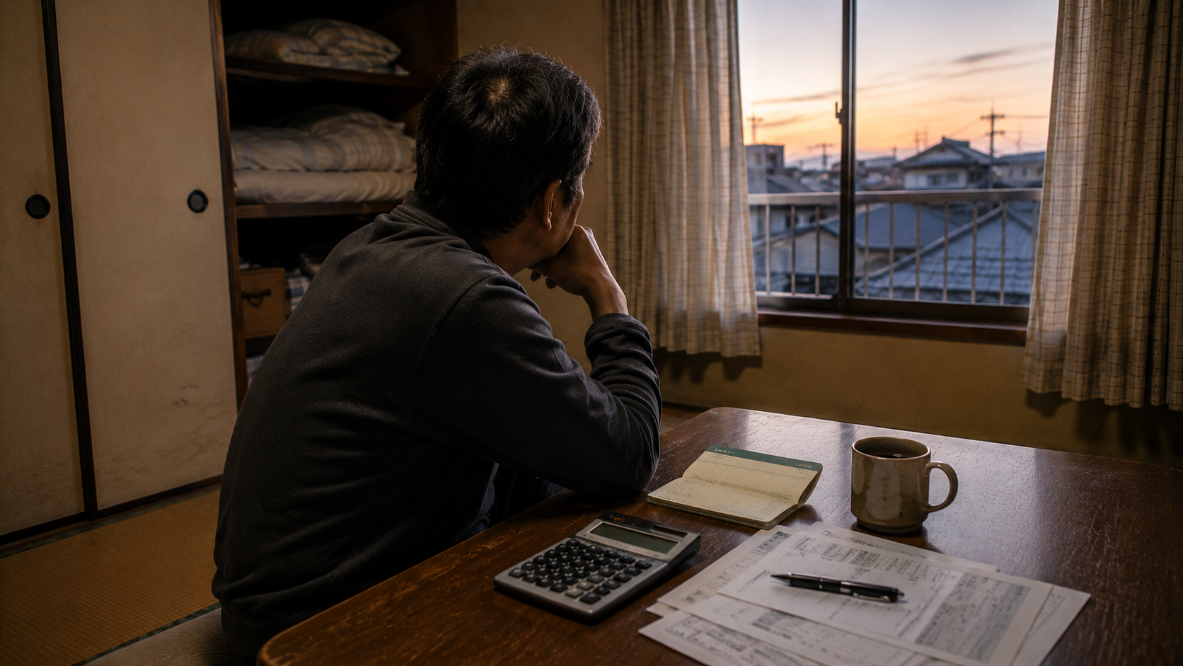 築年数を感じる実家の6畳和室で、窓の外を見ながら将来について考える50歳の派遣社員。机の上には通帳、電卓、請求書、ボールペン、マグカップが置かれている様子。
