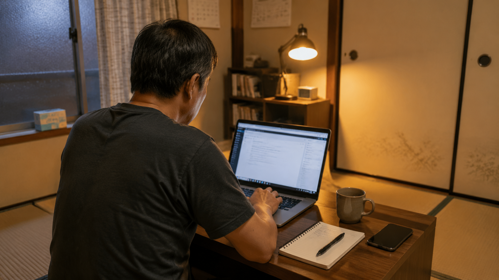 50歳の派遣社員こうじが実家の和室でブログを書きながら副業に挑戦している様子