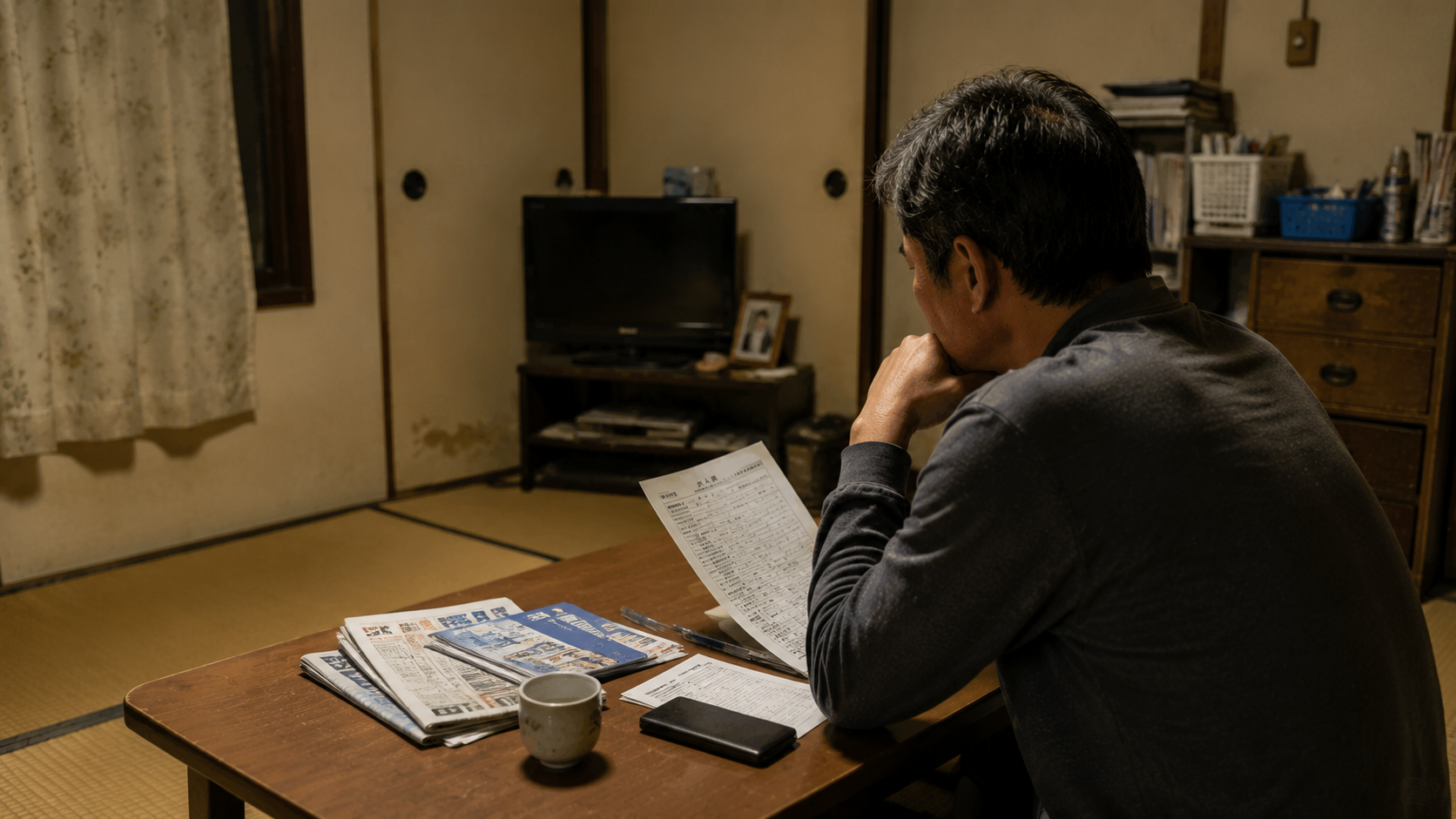 契約更新について考え込む50代派遣社員こうじ。実家の和室で求人情報や契約書類を見つめる様子。