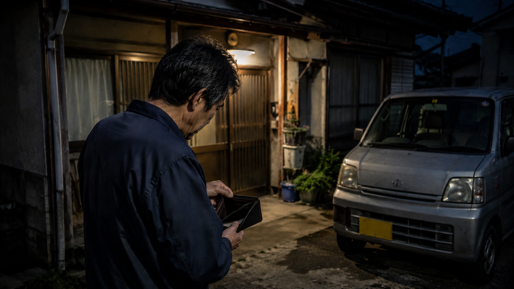 貯金0円で急な出費に不安を抱える50歳派遣社員こうじが古い実家の前で財布を見つめる様子