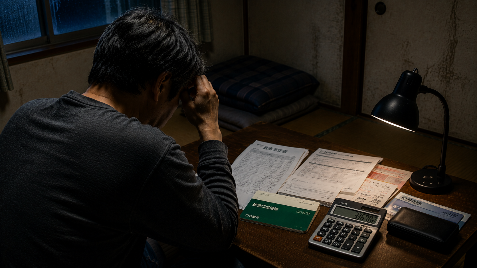 夜の古い実家で返済明細と通帳を見つめる50歳派遣社員こうじの後ろ姿