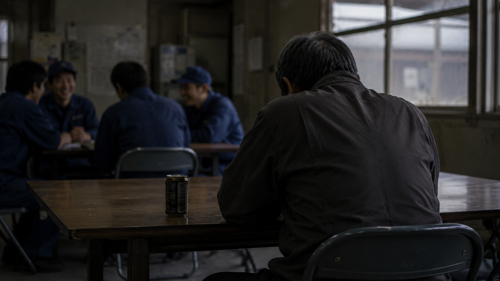 ボーナスの話で盛り上がる物流倉庫の休憩室で、一人静かに座る50歳派遣社員こうじの後ろ姿。借金350万円を抱え、ボーナスのない現実を表現した写真風イメージ。