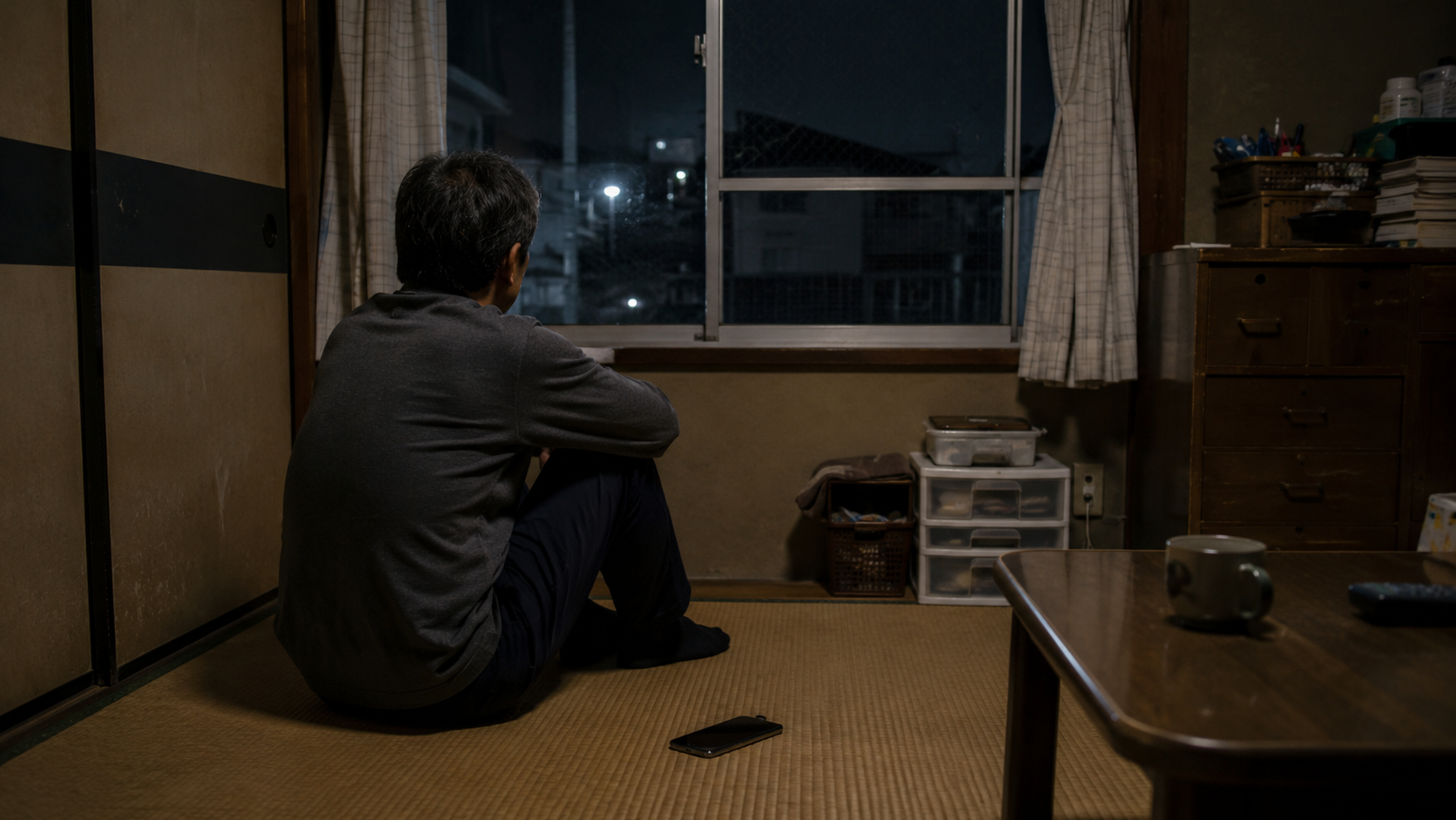 50歳派遣社員こうじが古い実家の和室で一人窓の外を見つめる様子。彼女も友達もいない孤独な日常を表現した写真風イメージ。