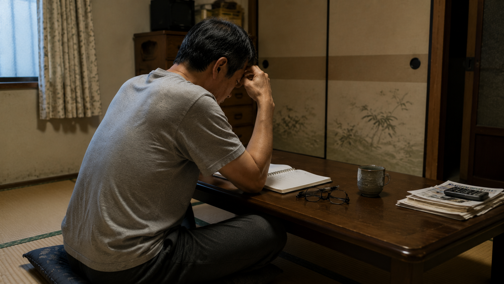 古い実家の和室でメモ帳を見ながら物忘れについて考える50歳の派遣社員男性