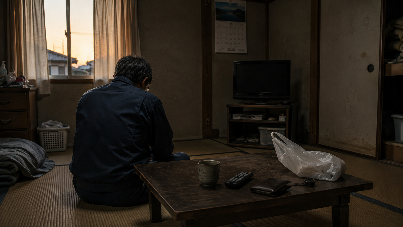 夕暮れの古い実家の6畳和室で、物流倉庫から帰宅した50歳派遣社員こうじが作業着のまま肩を落として座る後ろ姿。家と物流倉庫を往復するだけの日々と、気づけば一年が終わってしまう切なさを表現した写真風アイキャッチ。