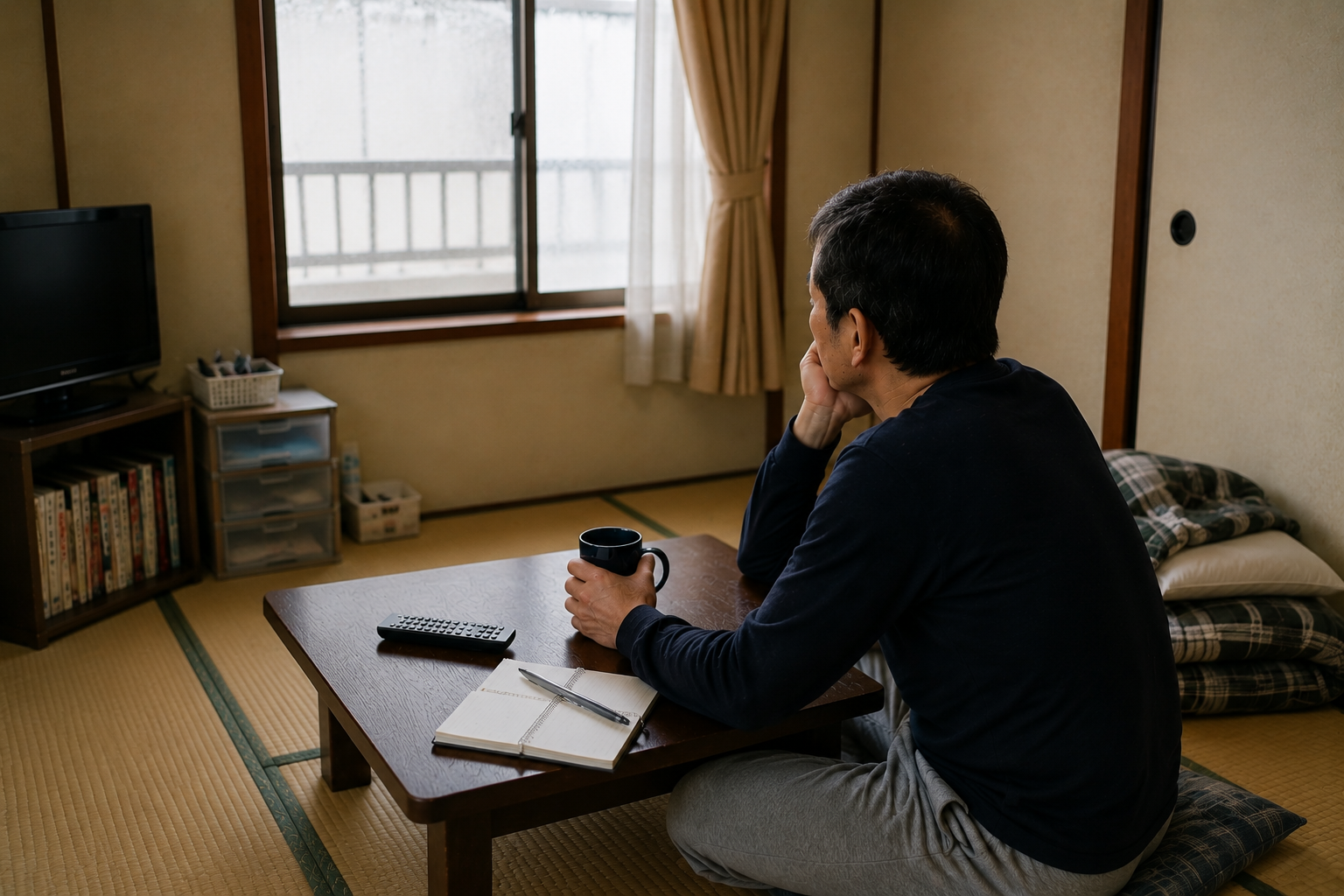 和室で一人の休日を過ごす50歳独身派遣社員こうじの姿
